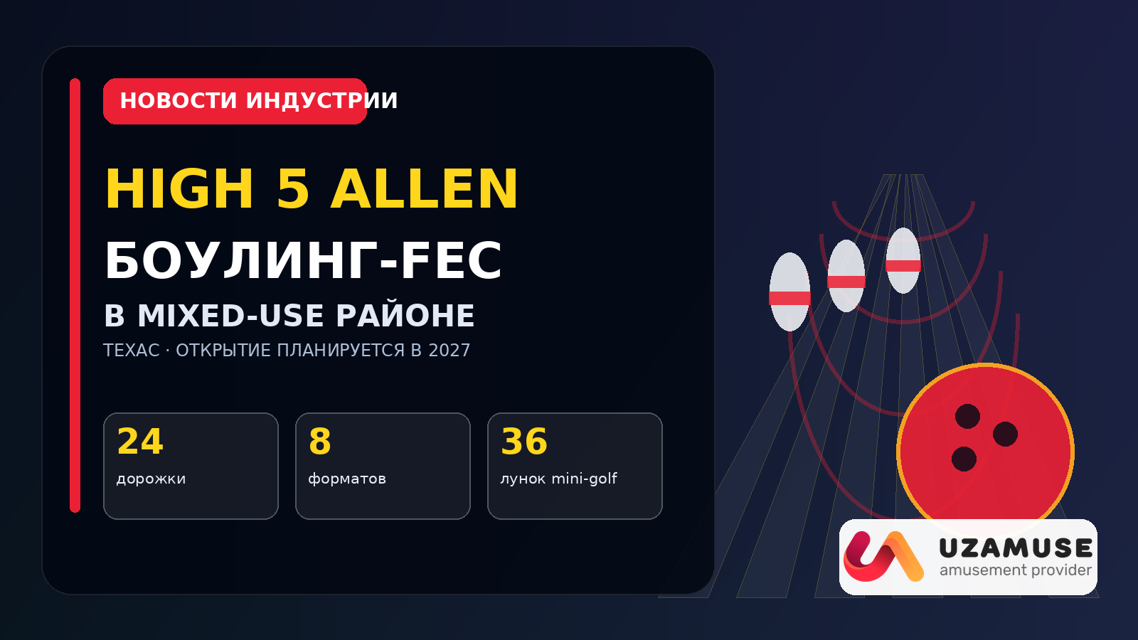 High 5 Allen: боулинг-FEC внутри mixed-use района — инфографика UZAMUSE